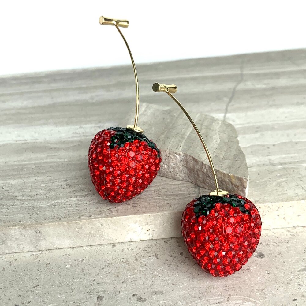 NEW ~ Anthropologie Red Rhinestone Strawberry Drop Earrings